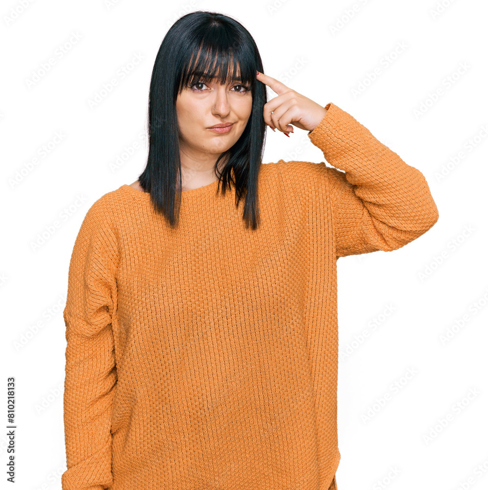 Canvas Prints Young hispanic woman wearing casual clothes pointing unhappy to pimple on forehead, ugly infection of blackhead. acne and skin problem