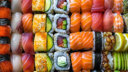 Overhead close-up view of colorful and varied sushi and sashimi selection with different toppings and fillings