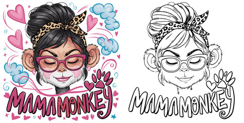 monkey mom 2024 mother day motherhood vector design, messy bun hair Mamamonkey