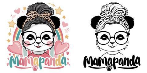 panda mom 2024 mother day motherhood vector design, messy bun hair Mamapanda © NHL Studio