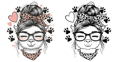 llama mom 2024 mother day motherhood vector design, messy bun hair Mamallama