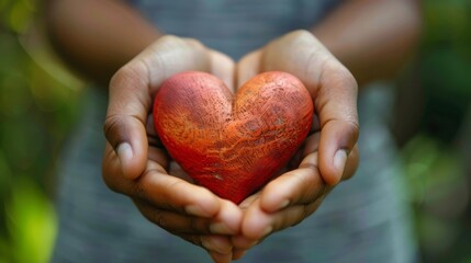 Person holding a textured wooden heart in their hands, symbolizing care and love