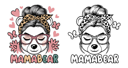 bear mom 2024 mother day motherhood vector design, messy bun hair Mamabear