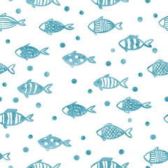 Seamless sea pattern with watercolor cute fish. Marine vector illustration