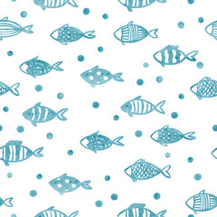 Obraz premium Seamless sea pattern with watercolor cute fish. Marine vector illustration