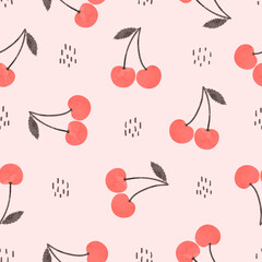 Seamless cherry pattern. Vector summer background with red berries