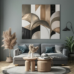 Abstract Geometric Shapes with metalic Painting ,wall art poster with gray living room background with gray sofa, 3d illustration ,modern living room decoration.