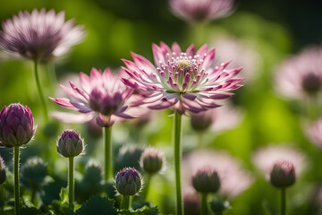 Fototapeta premium blooming pink climbing astrantia in the garden