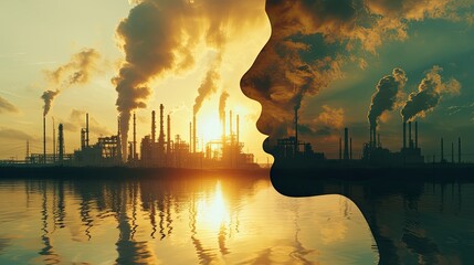 Double exposure of a man's face against an industrial landscape with smoking chimneys and power lines. Panoramic view. Man reflecting on production or ecology. Illustration for varied design.