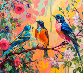  Colorful Birds on Floral Branch