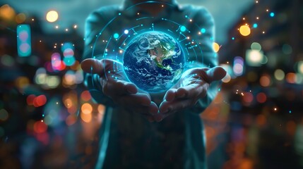 Fototapeta premium Pair of hands holding a glowing blue and green earth in the palm of their hands with a blurry background of a city at night.