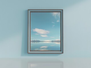 A serene landscape captured within a picture frame, displayed against a tranquil blue background, evoking peace and simplicity.