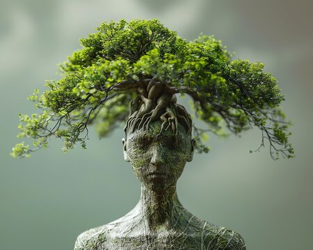 Human head made out of stone with a tree growing out of it