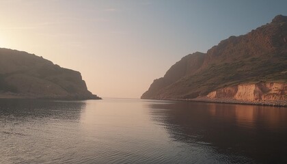 calm water river to the sea coast with stone land and huge cliff panoramic view concept natural early morning sun