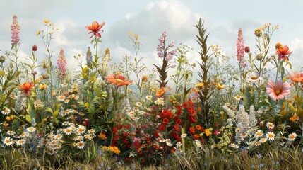 Flower gardens and meadows on a transparent background in the foreground.