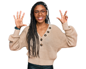 African american woman wearing casual clothes showing and pointing up with fingers number eight while smiling confident and happy.