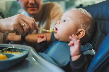 The first pure baby food. Mother gives a spoonful of vegetables in a chair for feeding at home....