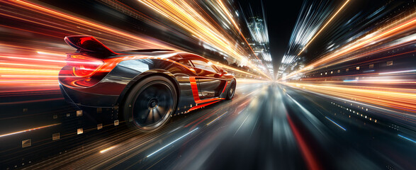 An orange electric sports car riding on a night street road against the background of the city. Technology concept of fast moving supercar. 3d illustration © ilya_levchenko