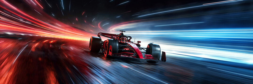Fototapeta Powerful acceleration of a generic red formula one car on on the night racing track with light strips and motion blur. The concept of fast and powerful technology. 3d illustration