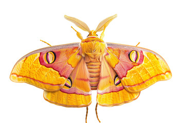 Majestic Io moth with vibrant yellow and eye-like wing patterns, isolated on transparent background