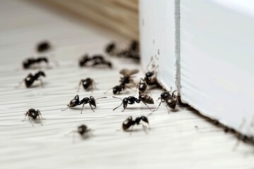 Carpenter ants invade a domestic space, captured in a close-up image by a white baseboard on a wooden floor
