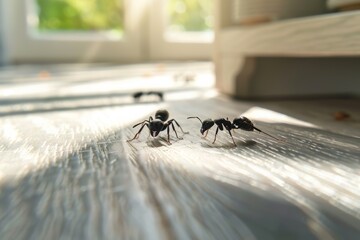 Two ants communicating on a sunlit wooden floor with a serene soft-focus background