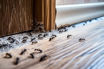Carpenter ants marching on a wooden floor with visible sawdust near damaged baseboard, signifying pest infestation