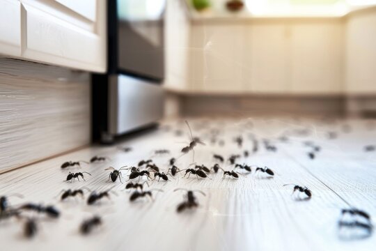 Numerous ants swarming on a white kitchen floor, highlighting a common household pest control problem