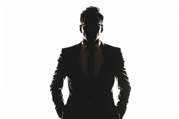 Obraz premium Silhouette of business man in suit isolated on white background, shadow portrait of businessman front view Generative AI
