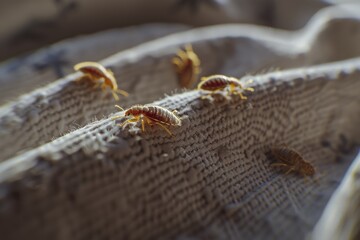 Close-up of multiple bed bugs crawling on a textured fabric, highlighting a domestic infestation problem in natural lighting