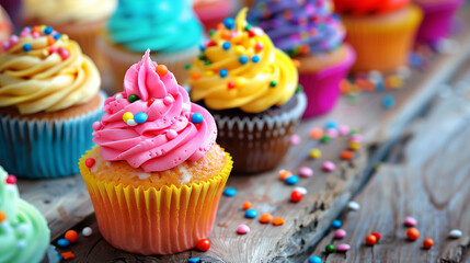 Colorful cupcakes on wooden table, vibrant and festive party treats