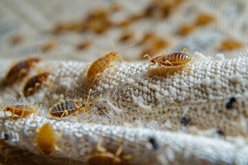 Close-up macro shot of a group of bed bugs moving across the textured surface of a fabric material infestation