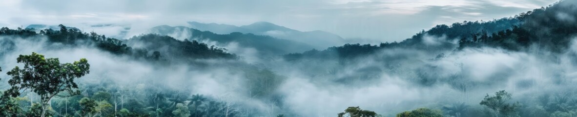 Fototapeta premium A captivating photograph of a jungle forest shrouded in mist. Ideal for illustrating the beauty and allure of tropical rainforests and exotic landscapes