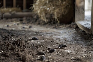 Tiny mice forage for food in a rustic barn, with straw and shadows adding to the natural ambiance