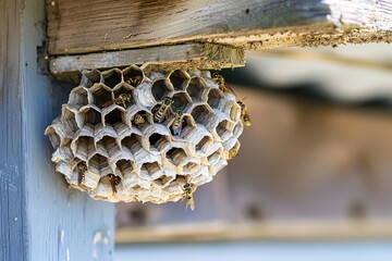 Close-up view of paper wasps tending to their hexagonal comb nest under the overhang of a weathered wooden beam outdoors