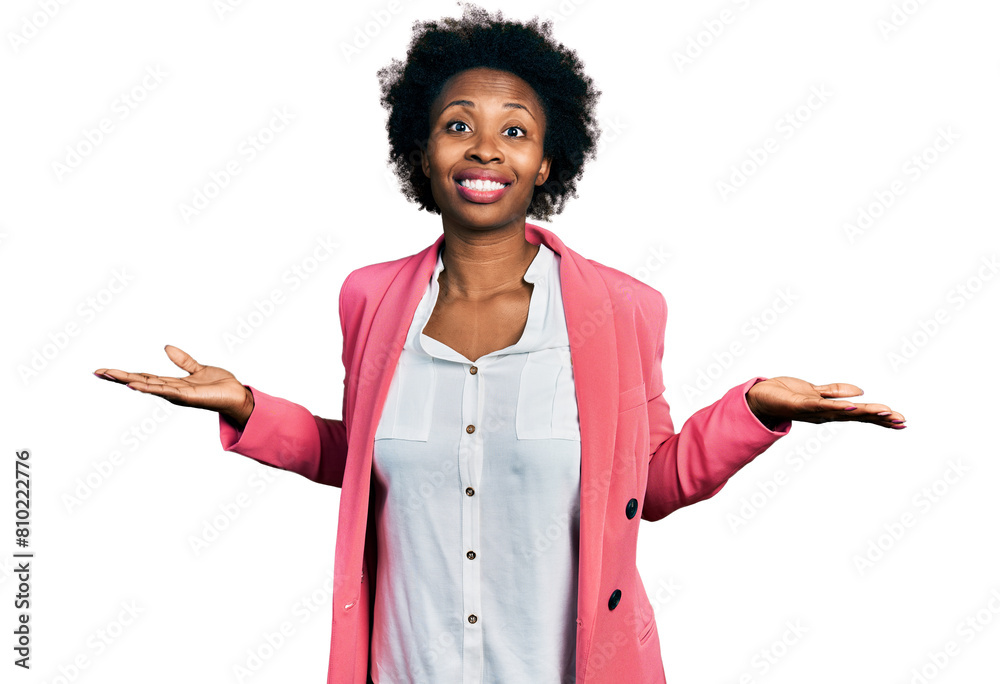 Wall mural african american woman with afro hair wearing business jacket clueless and confused expression with 