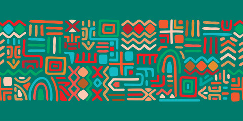 Hand drawn ethnic  border on blue background.Colorful  seamless pattern with abstract shapes.Geometric print on fabric and paper.Decorative vector design for use in fabric,packaging,cover,wallpaper.