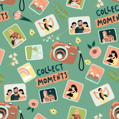 Funny seamless pattern with camera and photo cards.Cartoon photos of family, houses, nature and handwritten Collect Moments.Vector design for printing on fabric and paper.Wallpaper,cover,background.