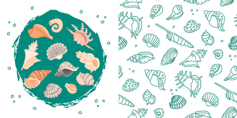 Seashells collection of cartoon print and graphic seamless pattern.Colorful card with conch on a grunge stain  and endless wallpaper with contour objects.Vector design for use in background,fabric.