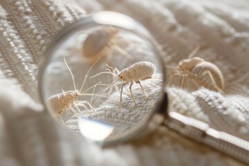 Macro shot of dust mites crawling on a textured fabric surface viewed through a round magnifying glass