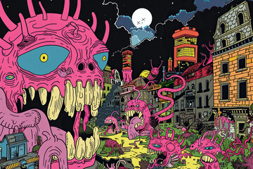 Obraz premium Surreal City Demons, Colorful Psychodelic Art, Abstract Illustration Design