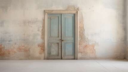 The dilapidated wall of the building and the wooden door require major repairs. Facade of a house with damaged plaster. Photophone for retro shooting. Illustration for cover, card, interior design.