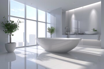 Elegantly designed modern bathroom featuring a freestanding bathtub, large windows, and a city view, bathed in abundant natural sunlight