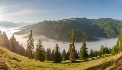 panorama of sunny natural spruce forest with morning fog