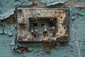 Antique doorbell adorned with peeling paint and decorative insect accents that complement the weathered appearance of the finish