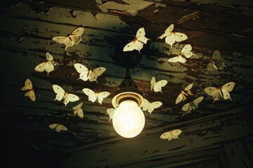 Magical scene of illuminated white butterflies in flight around a warm, vintage light bulb at night, evoking whimsy and nostalgia