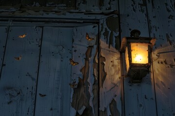Butterflies gather around a vintage lantern casting a warm glow on peeling blue paint, creating a tranquil scene at dusk