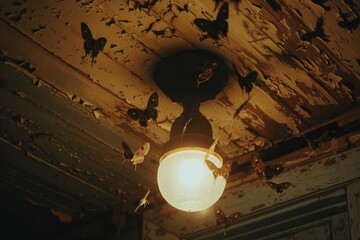 Moths swarming around an old-fashioned light bulb in a dark, rustic setting at night due to its warm glow
