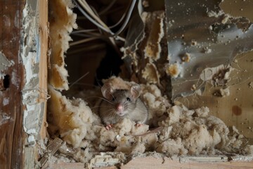 Severe rodent infestation in damaged home insulation as wild rat is spotted peeking out, prompting urgent need for pest control measures