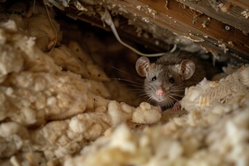 Curious rat cautiously emerges from torn insulation in a dim attic, peering out with bright eyes at the surrounding environment